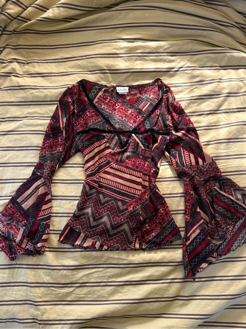 Boho Bell-Sleeve V-Neck Top in Burgundy and Black